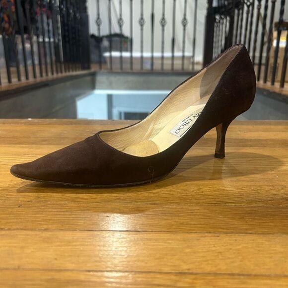 Jimmy Choo Suede Leather Romy 60MM Chocolate Brown Kitten Heel Pointed Toe Pumps - Picture 4 of 16